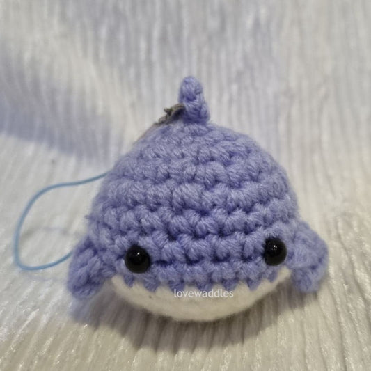 Purple whale crochet front view. 