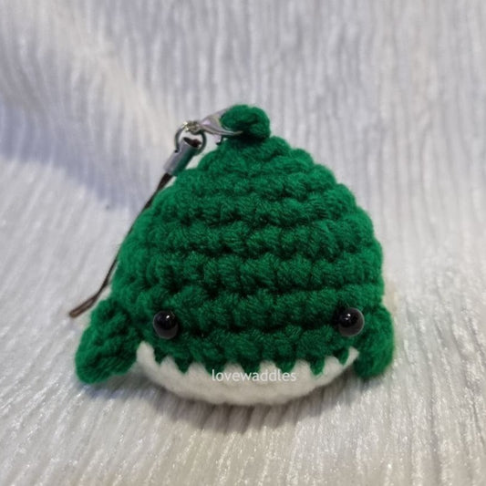 Green whale crochet front view. 